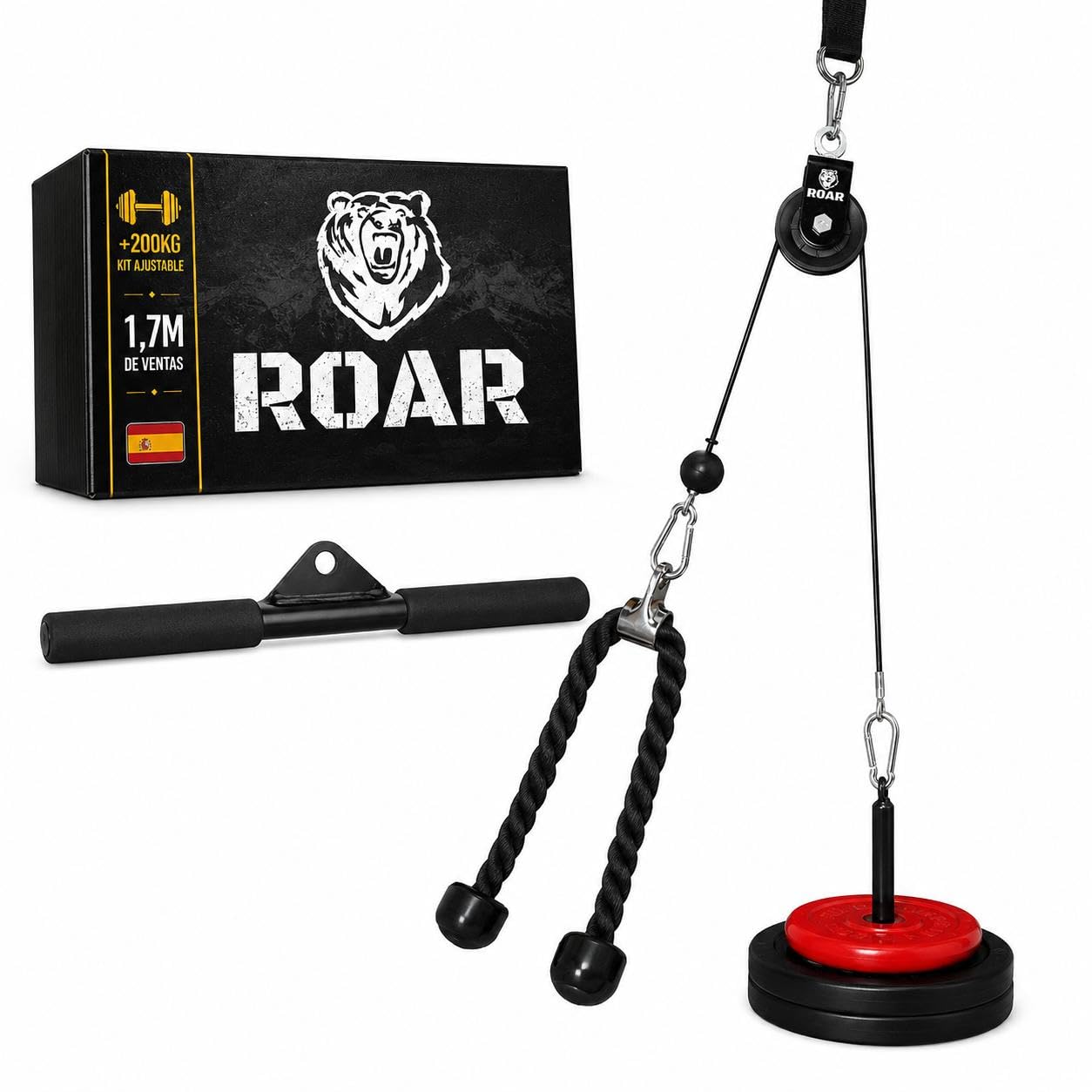 Roar® Poleas Gimnasio para Casa, Polea Gimnasio Gym con Barra Recta y Cuerda Musculación Triceps, Biceps Maquina Gym, Polea Maquinas, Maquina Gimnasio En Casa.