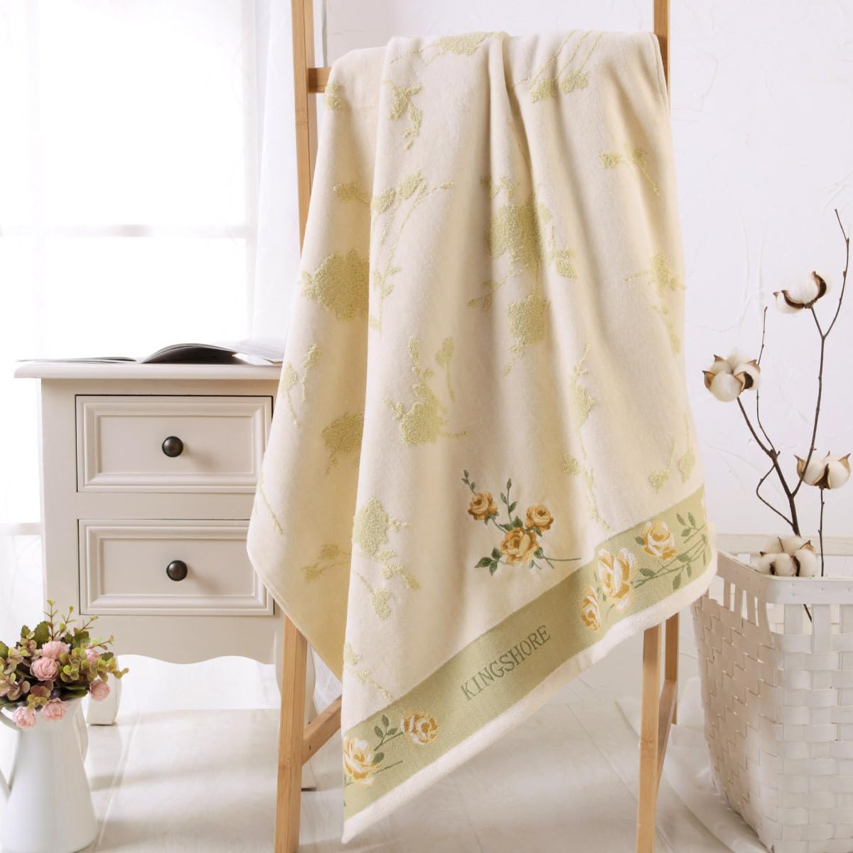 3 Piece Premium Bath Towel Set (Flowers), 1 Bath Towel 1 Hand Towel 1 Washcloth, Quick-Drying, 100% Cotton，Oeko-TEX Certified (Yellow) - Image 2