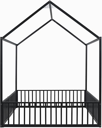 Miniatura 143 de Cama de metal de tamaño individual con valla para niños, adolescentes, niñas, niños, cama de piso de casa, camas Montessori, se puede decorar marco