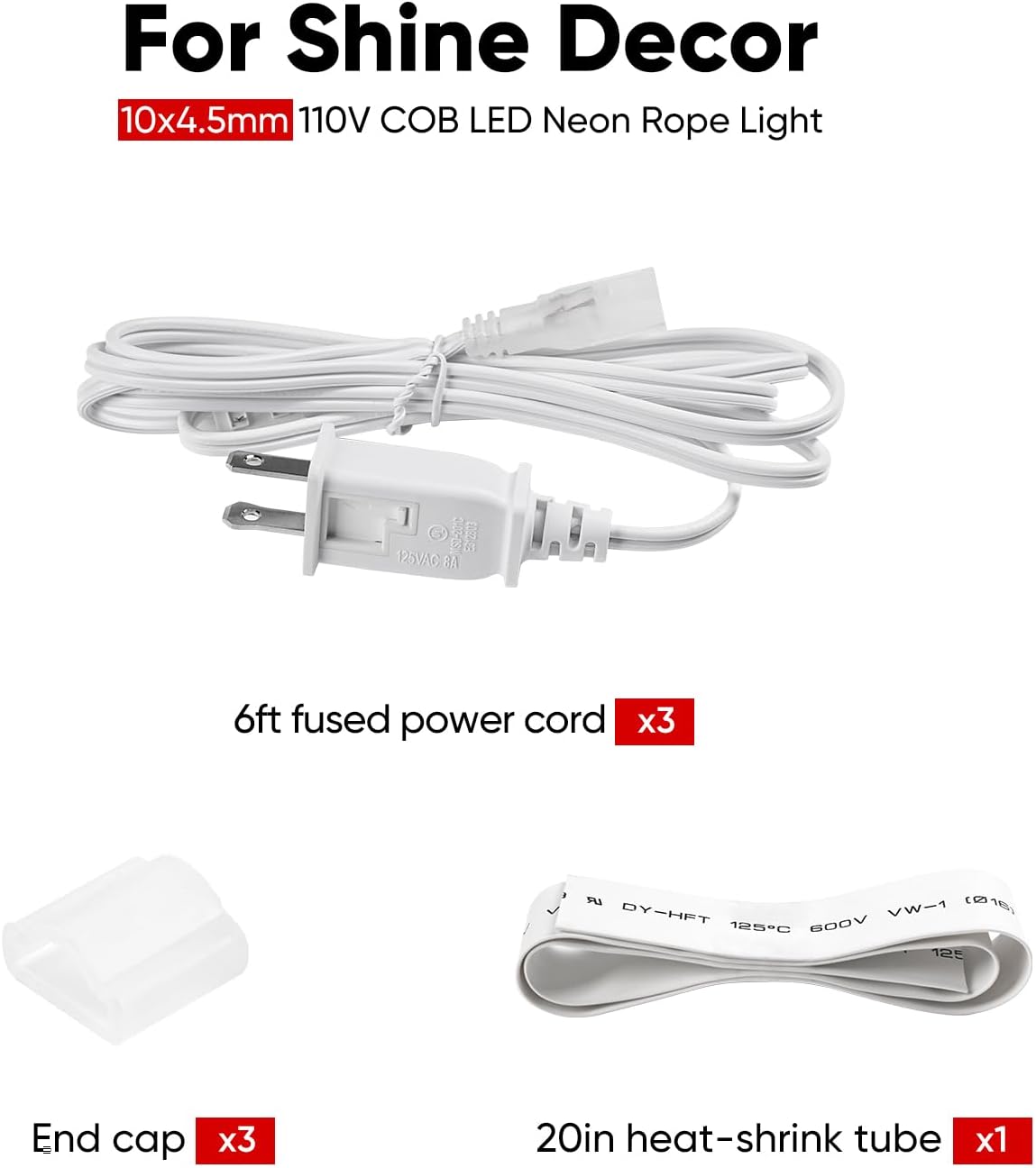 Shine Decor 6FT Long LED Power Cord with Fuse, Only for 10x4.5mm 120V Flexible COB LED Neon Rope Light, Pack of 3