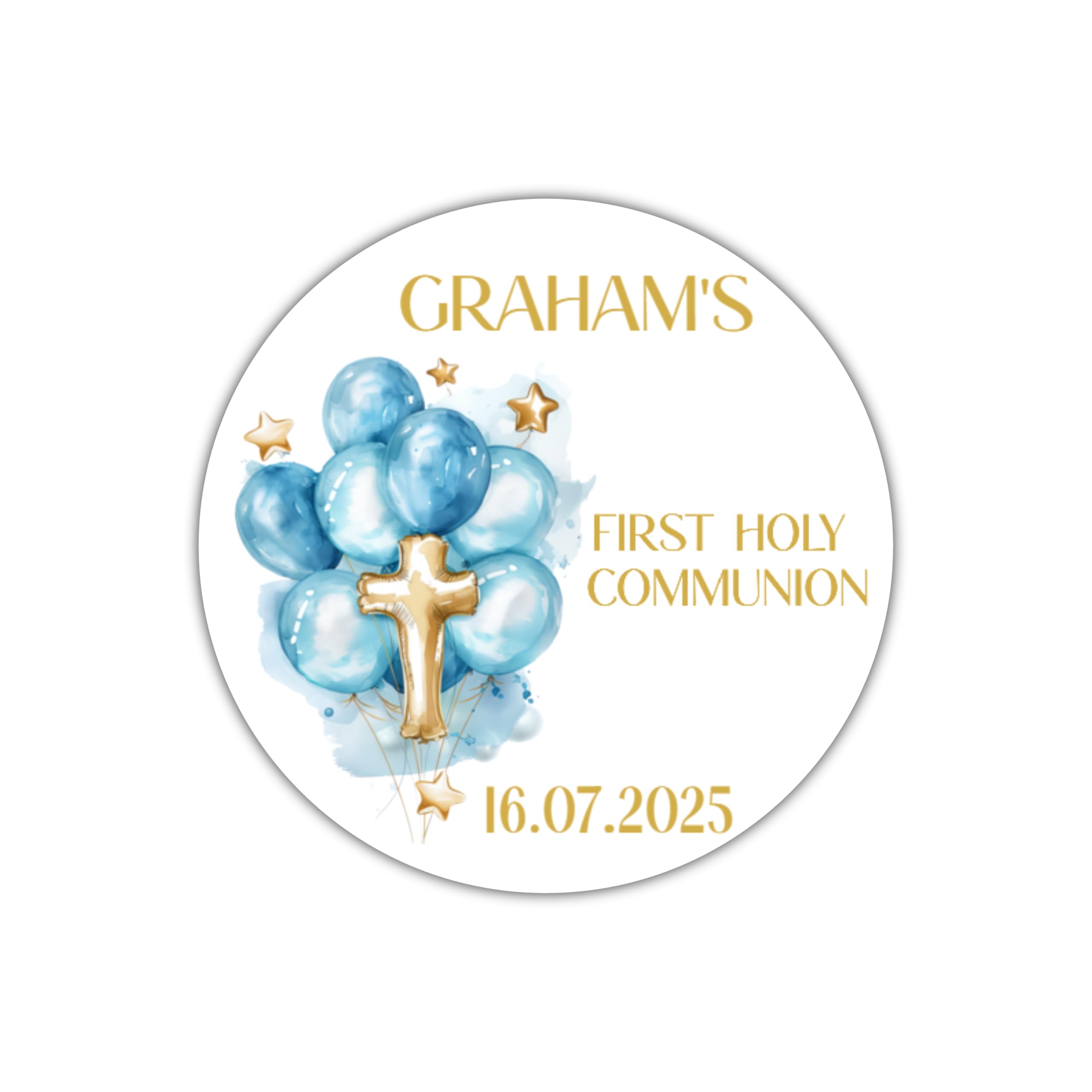 Five Star Party Supplies White First Holy Communion Stickers, Gold Cross And Balloon Design,Personalised Labels, Confirmation, Communion Party Favours, Blue And Gold Balloon
