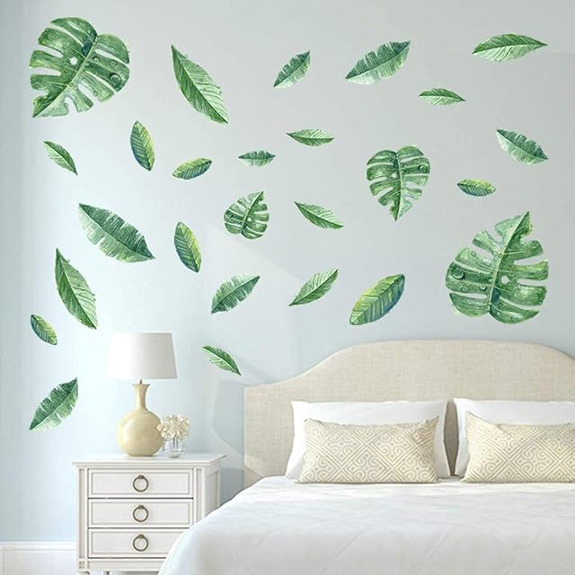decalmile Green Leaves Wall Decals Tropical Palm Tree Leaves Wall Stickers DIY Living Room Bedroom TV Wall Decor