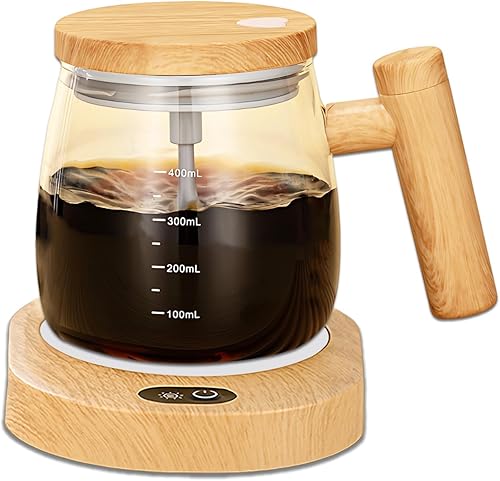 Taza de café autoagitable, taza de café de 13.5 fl oz, taza de mezcla eléctrica de vidrio de borosilicato alto con posavasos de temperatura