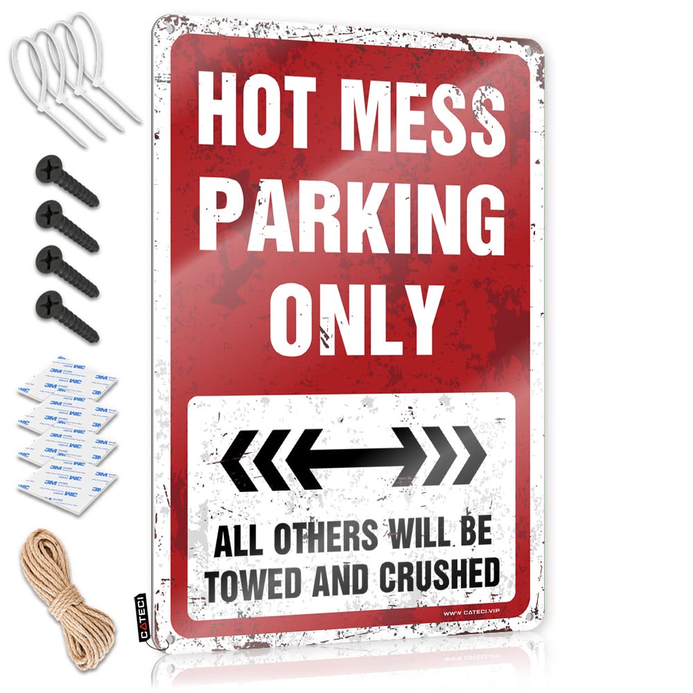 KRAZMURONGD Funny Wall Decor Signs Hot Mess Parking Only Tin Sign Man Cave Signs And Decor Tin Bar Signs(20X30CM)