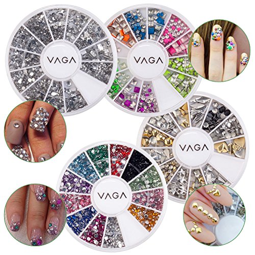 Great Value And Quality Professional Nail Art 3D Decorations Set With Dazzling Golden And Silver Rivet Style Metal Studs, Colorful Glowing Neon Studs In 2 Shapes And Wheels With Mixed Colors And Different Shapes Silver Rhinestones / Crystals / Gemstones By VAGA