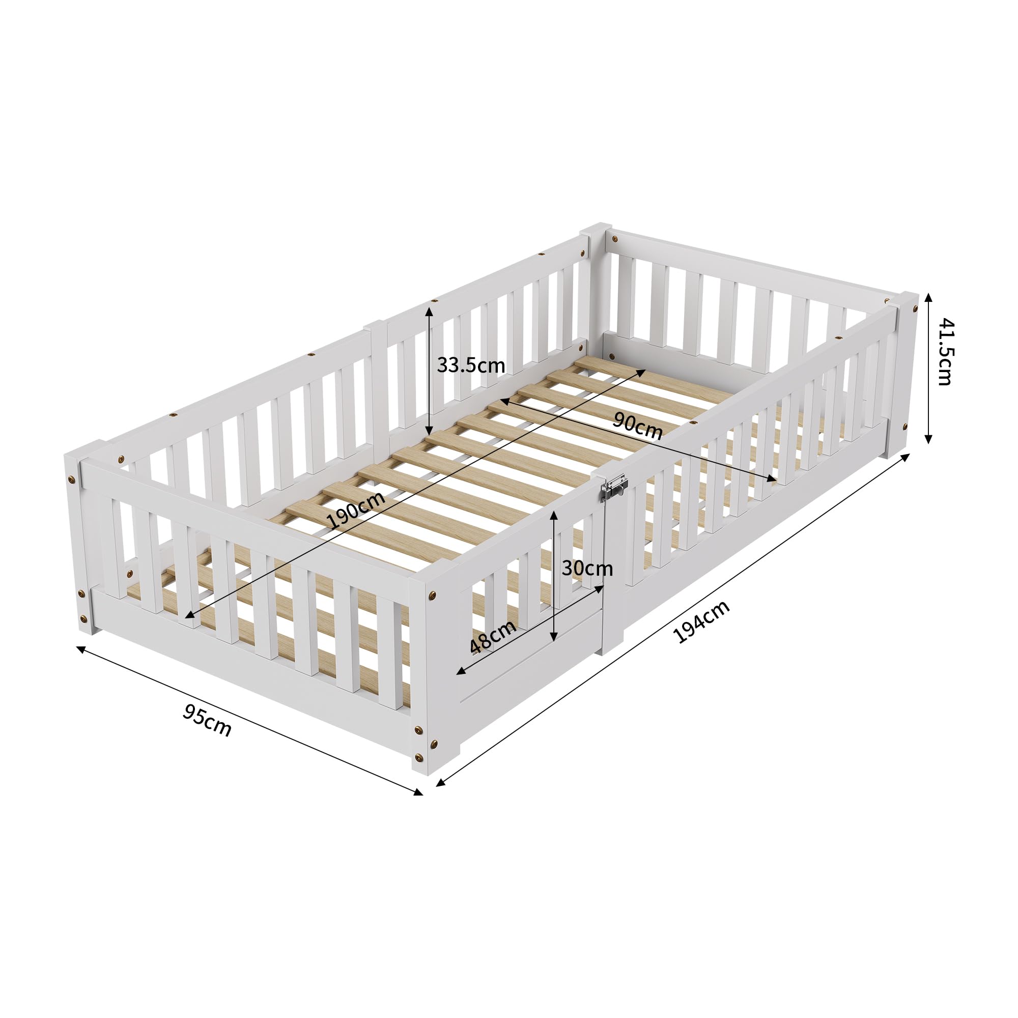 Cama de suelo para niños de 90 x 190 cm con valla y puerta, cama Montessori con protección anticaídas, cama juvenil individual con somier, cama infantil para niños y niñas, blanco (90 x 190 cm