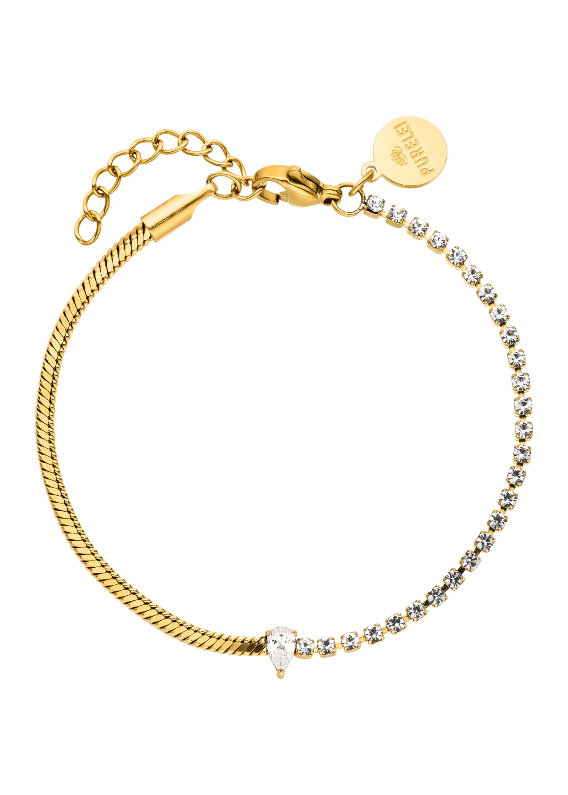 Purelei® Fusion – Pulsera de dos piezas con cadena de tenis de circonita y cadena de serpiente – Acero inoxidable chapado en oro – Piedra de gota blanca – Ajustable 16 – 20 cm – Oro/Plata/Oro Rosa
