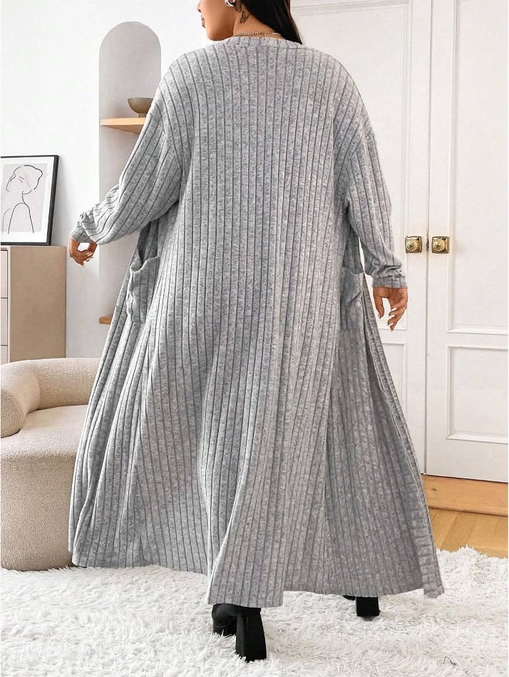 Women's Long Striped Cardigan Sweater, Long Open Design, Gray Knitted Fabric, Long Sleeves.4