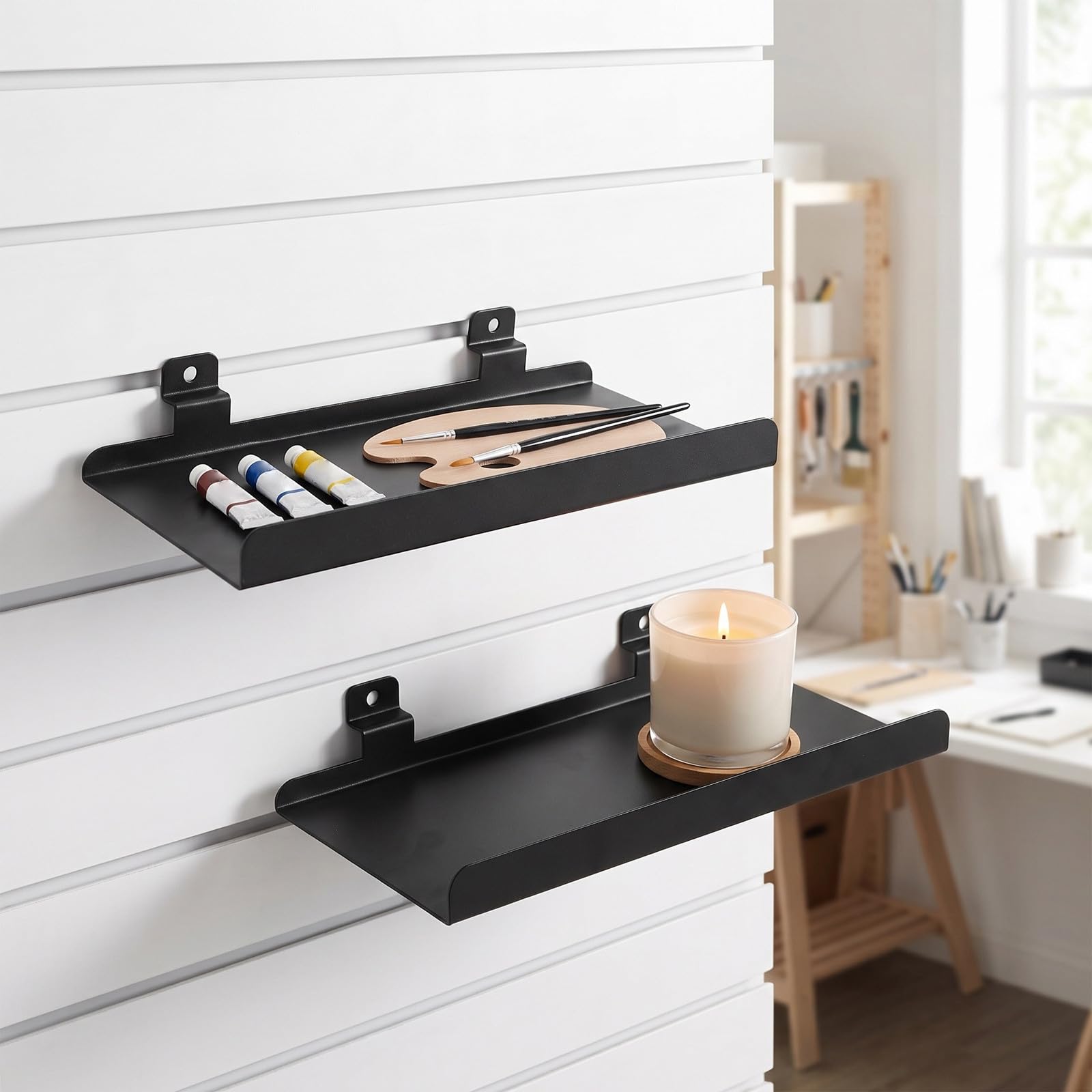 2 Pezzi Mensola da Parete in Metallo Nero Bordatura Minimalista e Struttura Stabile, per Esposizione di Oggetti e Foto in Negozi e Casa