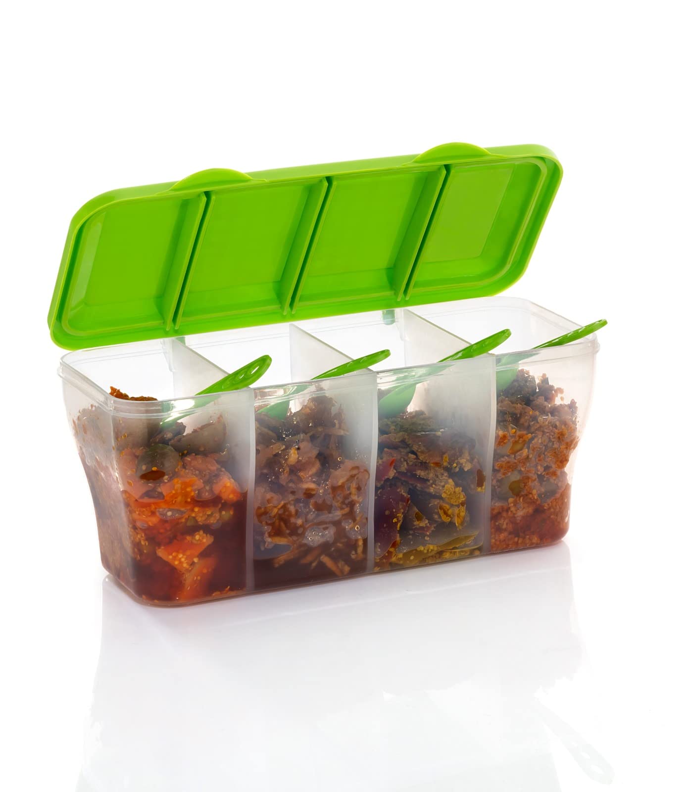 J-Bizz 4 Section Storage Meal Prep Containers For Kitchen Organization, Dishwashers Safe, Storage of Vegetables,dryfruits,spices,picles with spoon (Green, Pack Of 1)