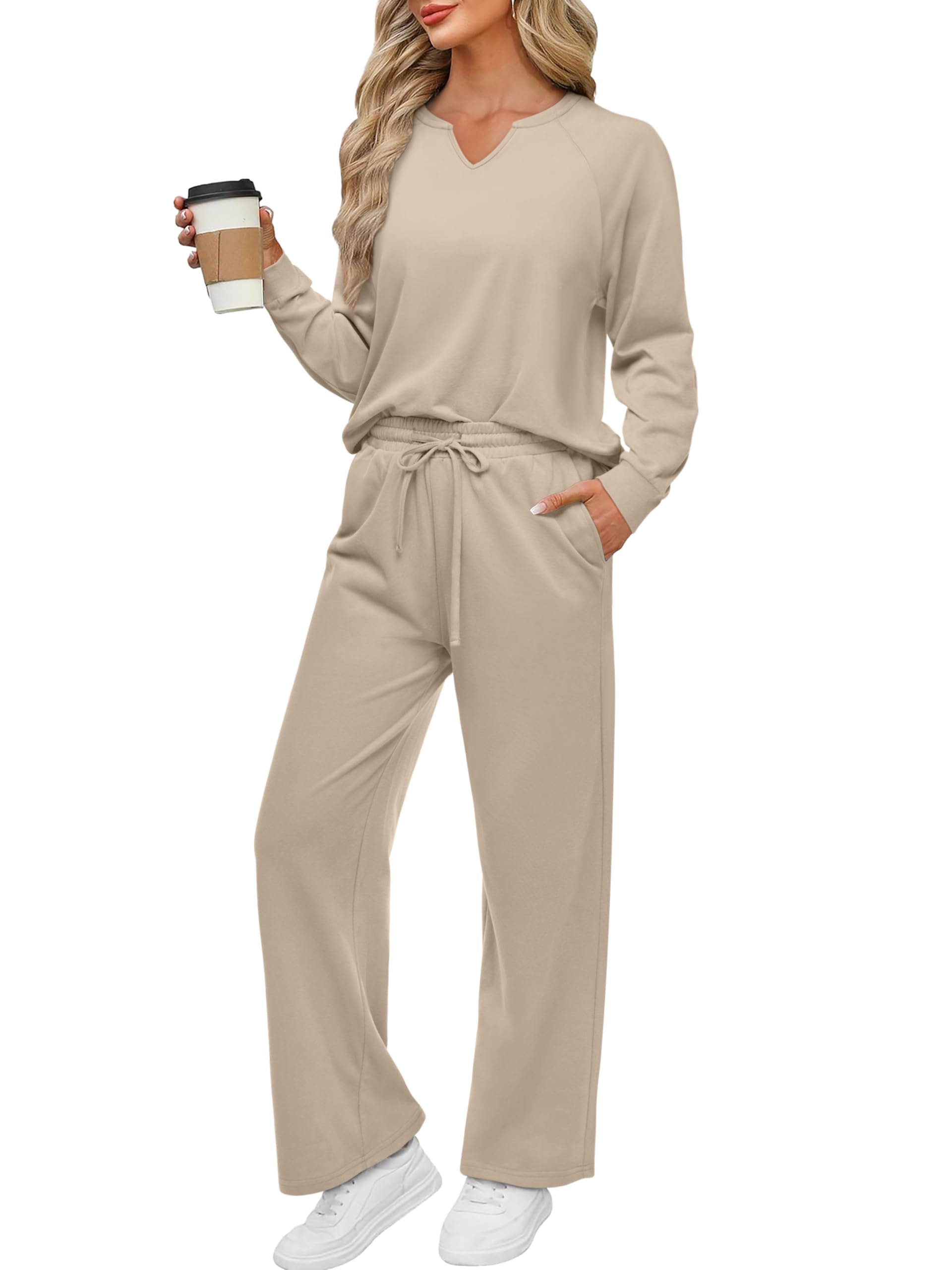 REORIA Vrouwen V-hals Activewear Losse Lounge Wear Set Effen Kleur Trainingspak Co Ord Sets Tweedelige Outfit, Kaki, XL