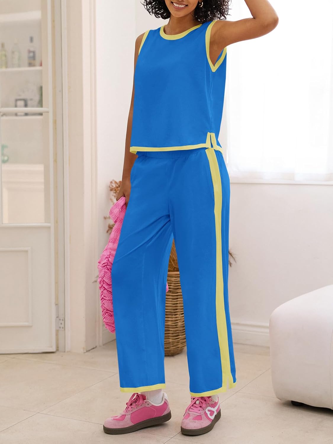 Fisoew Womens 2 Piece Outfits Summer Sleeveless Wide Leg Capris Tracksuits Casual Cotrast Colors Lounge Sets