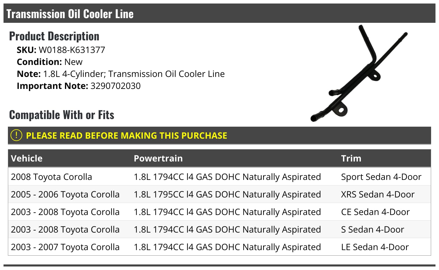 Marketplace Auto Parts Transmission Oil Cooler Line - Compatible with 2003-2008 Toyota Corolla Sedan 1.8L 4-Cylinder