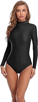 speerise Women Turtleneck Long Sleeve Bodysuit, Adult Stretchy Leotards Tops with Zipper Closure Soft Jumpsuit for Gymnastics