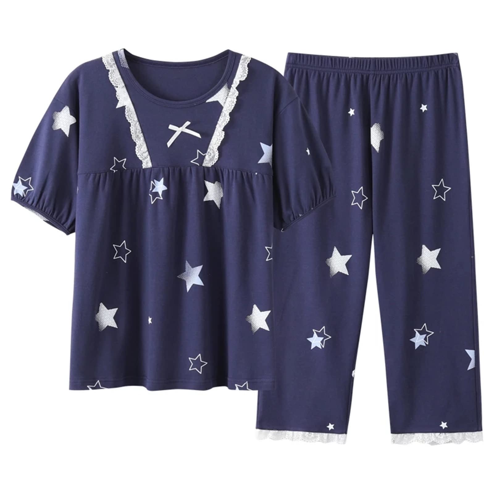 Damen-Sommer-Pyjama-Set, Damen-Pyjama-Set, Sommer-Satin-Pyjamas, Anzüge, kurzärmelige Homewear, Freizeitkleidung, Homewear (Farbe: Blau, Größe: 2X-Large)