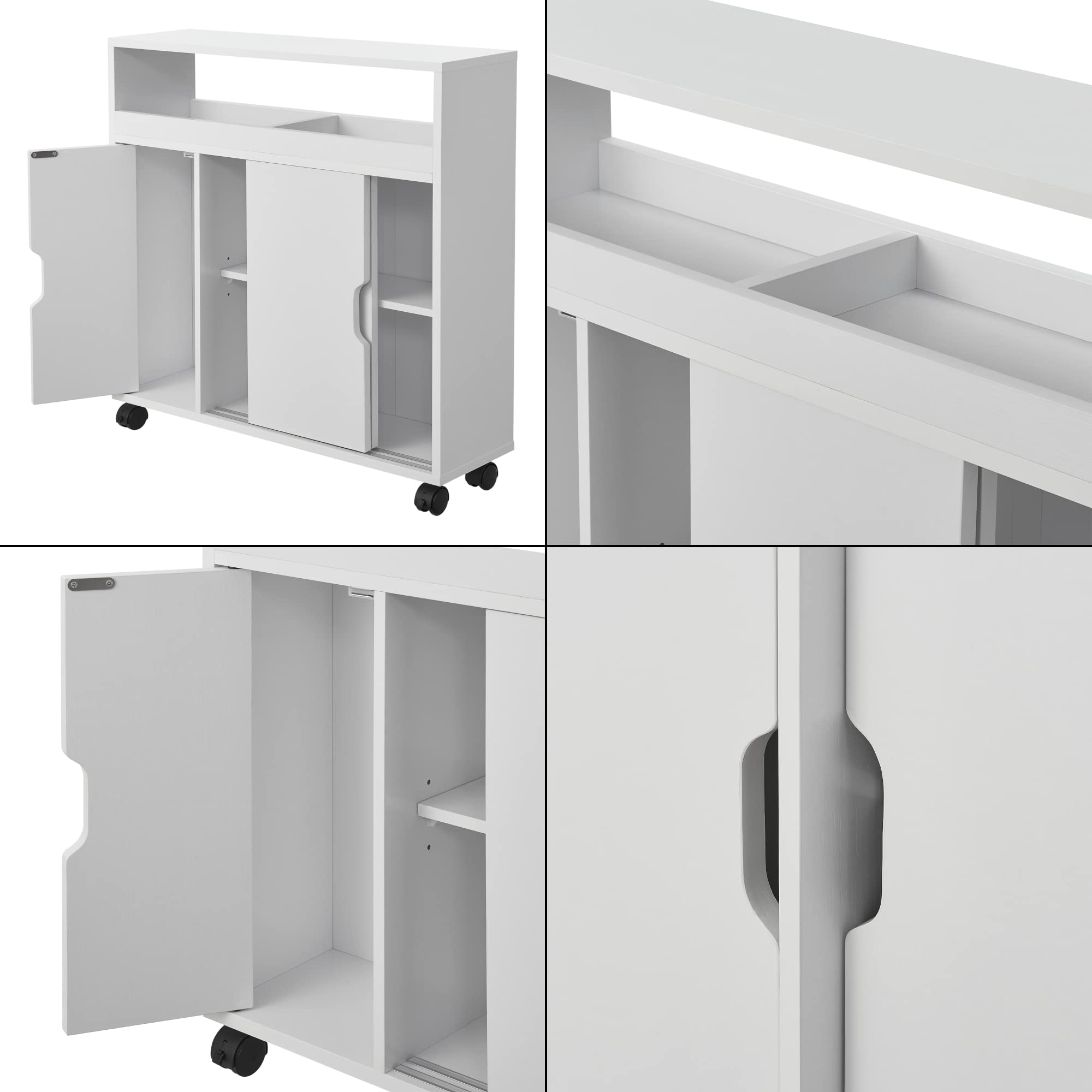 [en.casa] Mobile da Terra Salvaspazio per Bagno con Ante Scorrevoli Scomparti Chiusi e Ripiano Armadietto a 4 Ruote per Cucina Corridoio con Vani Aperti 71x70x20 cm - Bianco