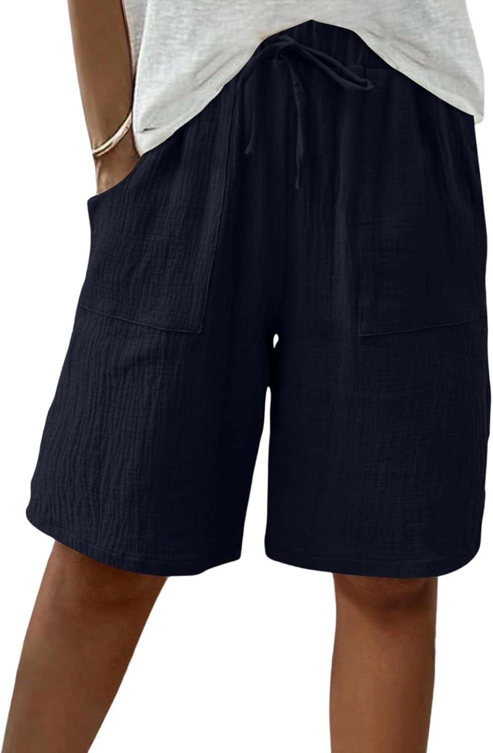 Shorts for Women Knee Length Elastic Waist Drawstring Loose Wide Leg Shorts Summer Casual Beach Pants