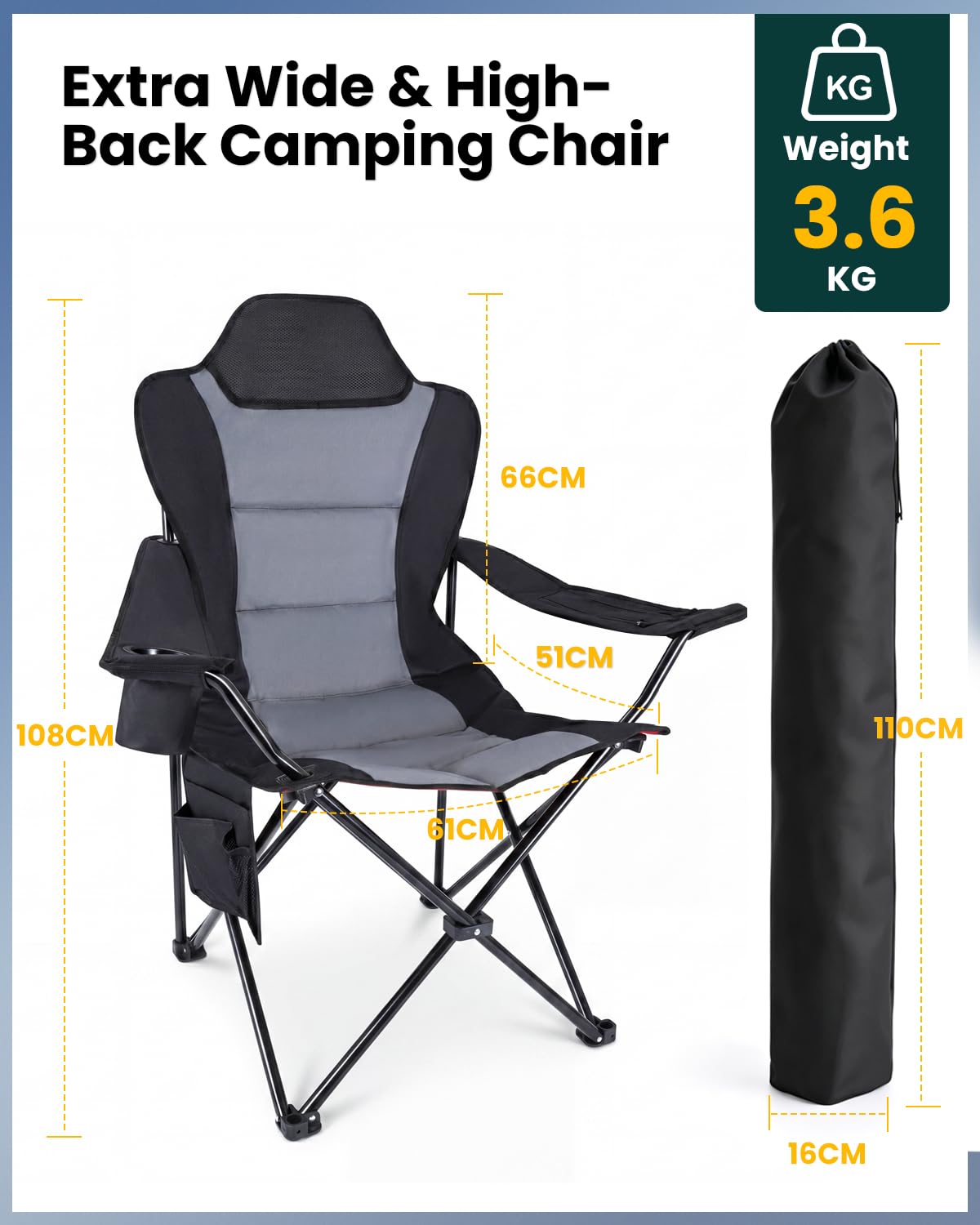 YEAUPE PRO Campingstuhl Faltbar Bequem Gepolster, 150 KG Belastbar | Camping Stuhl mit Hochlehner & Breiter Sitz | Multifunktional Angelstuhl, Karpfenstuhl, Klappstuhl für Camping Festivals, L