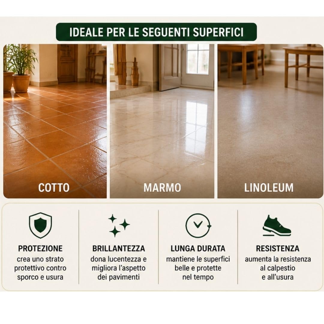 Cera Pavimenti Bianca 1L – Protettiva e Lucidante per Cotto, Marmo e Linoleum, Nutre e Ravviva le Superfici