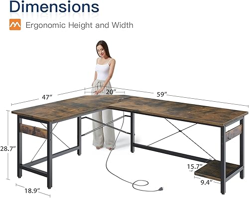 Miniatura 62 de Coleshome - Escritorio gaming en forma de L de 66 pulgadas, con toma de corriente, con soporte para CPU, escritorio esquinero para computadora, para