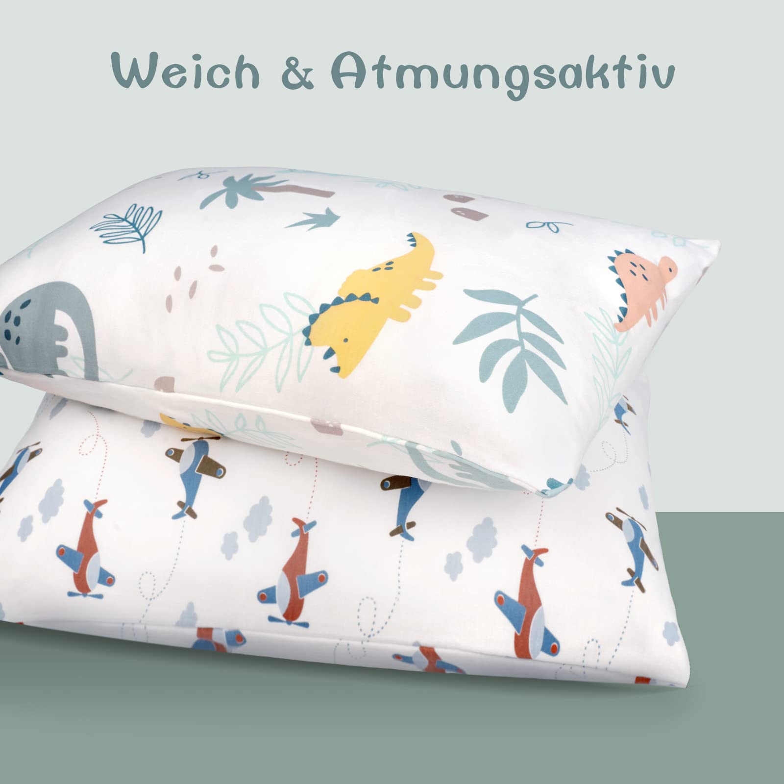 Fittia Lot de 2 Housses de Coussin Taie d'oreiller pour bébé en Coton Biologique tricoté 40x60cm Taie d'oreiller pour lit de bébé Un Sommeil paisible et Confortable, Dinosaure