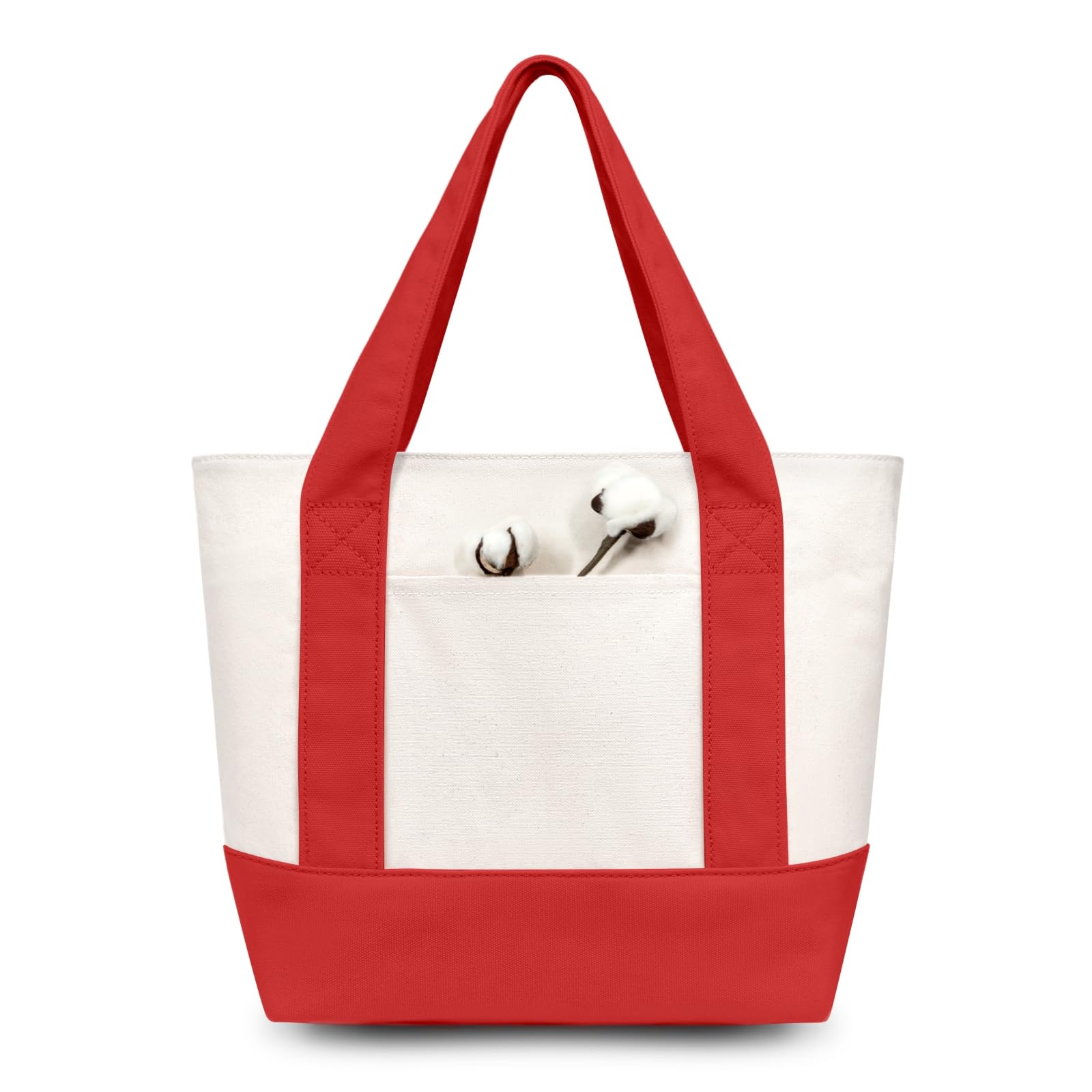 TOPDesign 6-Pack Small Canvas Tote Bags with an External Pocket, Reusable Bags, Top Zipper Closure, Daily Essentials (Red/Natural)