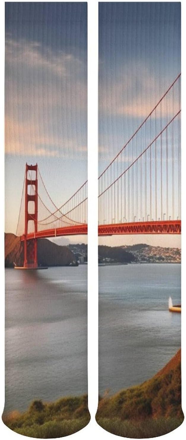 Breathable Crew Sock, Moisture Wicking, Athletic Calf Socks, Cozy | Golden Gate Bridge Compression Socks for Women Men, Lightweight High Work Socks for Business, Casual
