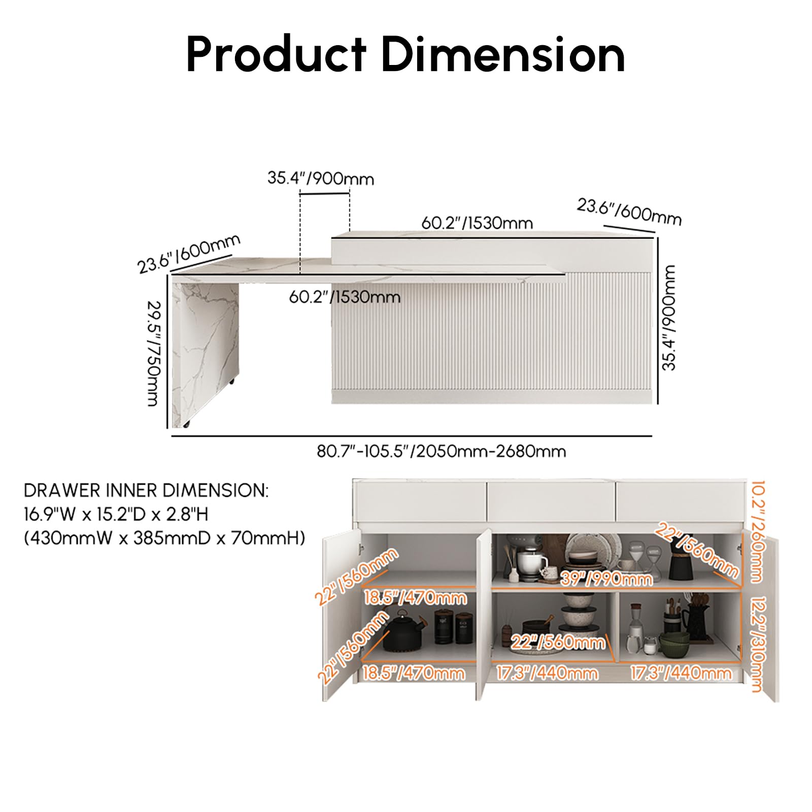 Homary Îlot Central de Cuisine Extensible avec Rangements 205-268 cm, Meuble Îlot Moderne avec 3 Tiroirs, 3 Portes & 2 Étagères, en Bois, Résistant à l'eau, pour Salle à Manger