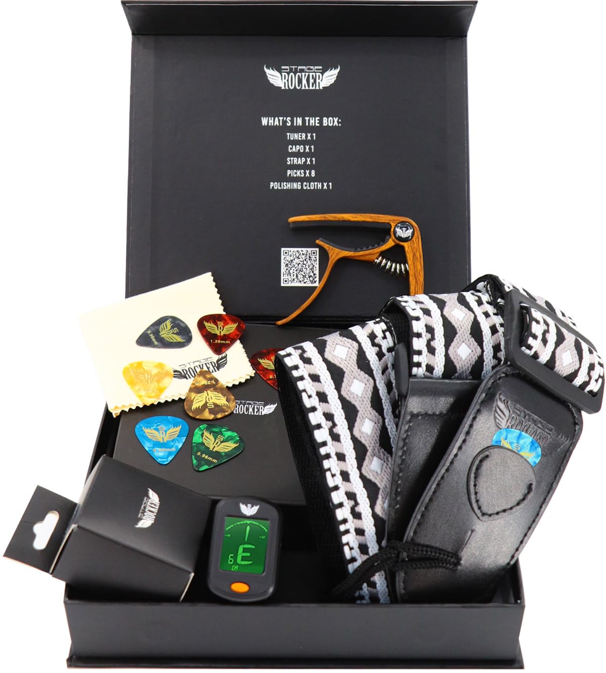 Stage Rocker Guitar Accessories Gift Box for Acoustic and Electric Guitars, 5-in-1 Essential Gift