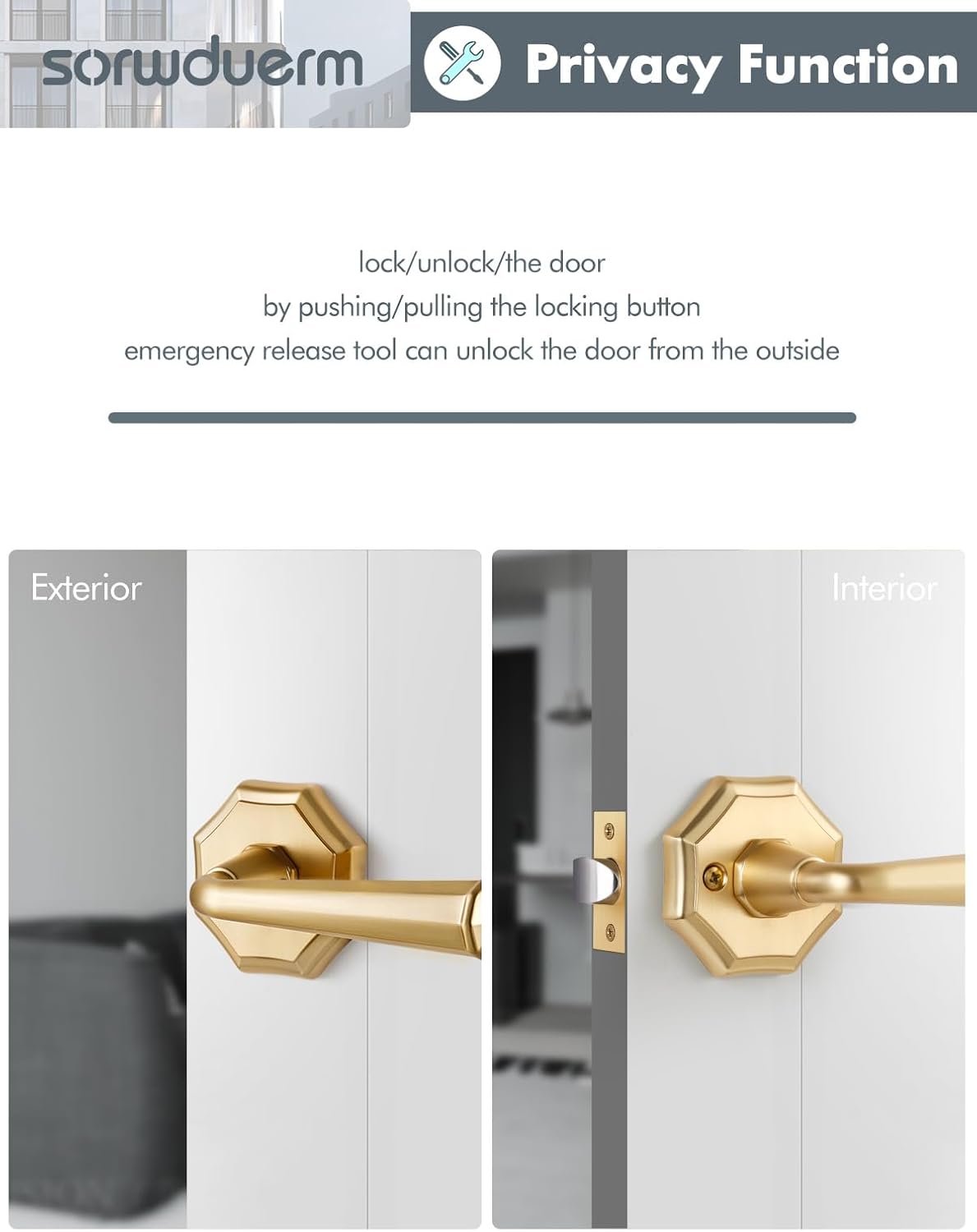 2 Pack Brushed Gold Passage Door Handles Satin Brass Interior Closet Hallway Interior Vintage Door Levers