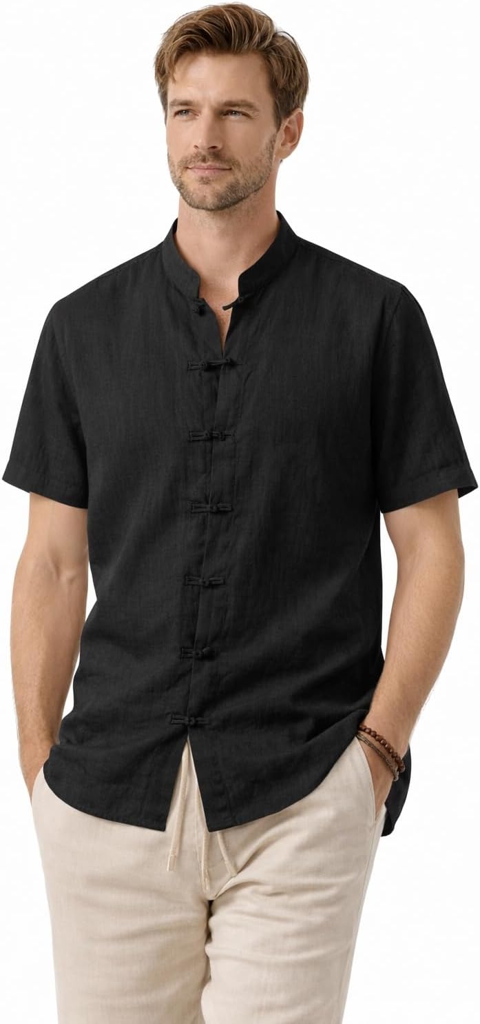 Lazutom Mens Cotton Linen Chinese Shirt Short Sleeve Kung Fu Tai Chi Top Summer Casual Lightweight Breathable Loose Fit Shirt