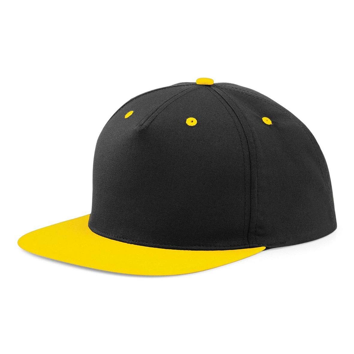 MKR Snapback Flat Peak Cap Baseball Hat 5 Panel 100% Cotton - Black/Yellow