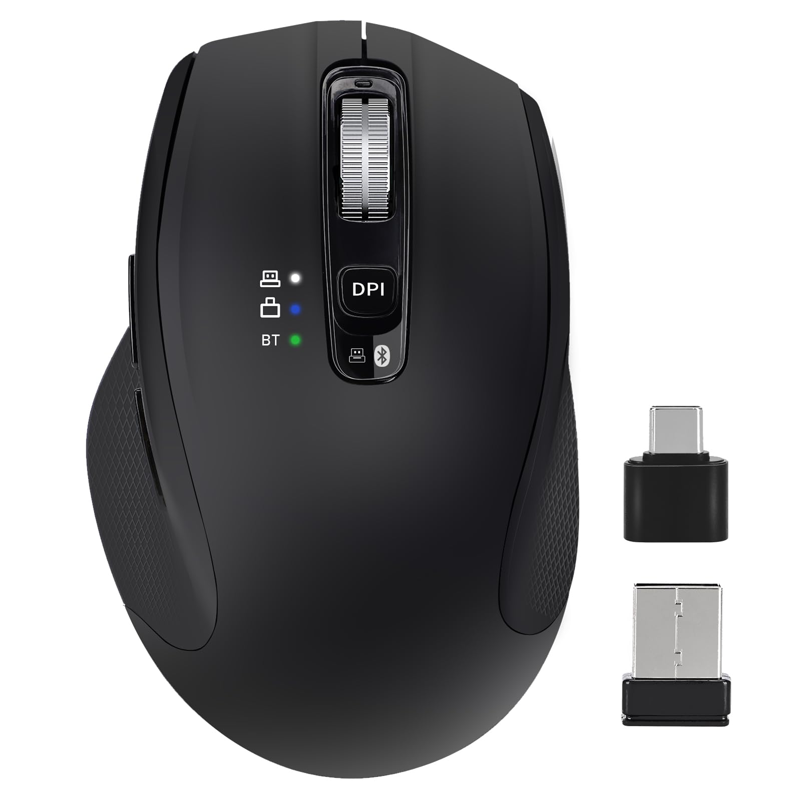 Kabellose Maus mit USB-A, USB-C-Empfänger, Wiederaufladbare Bluetooth-Maus, 4 Stufen Einstellbare DPI, Ergonomische Leise Maus für Laptop/Computer/PC/Windows-Schwarz