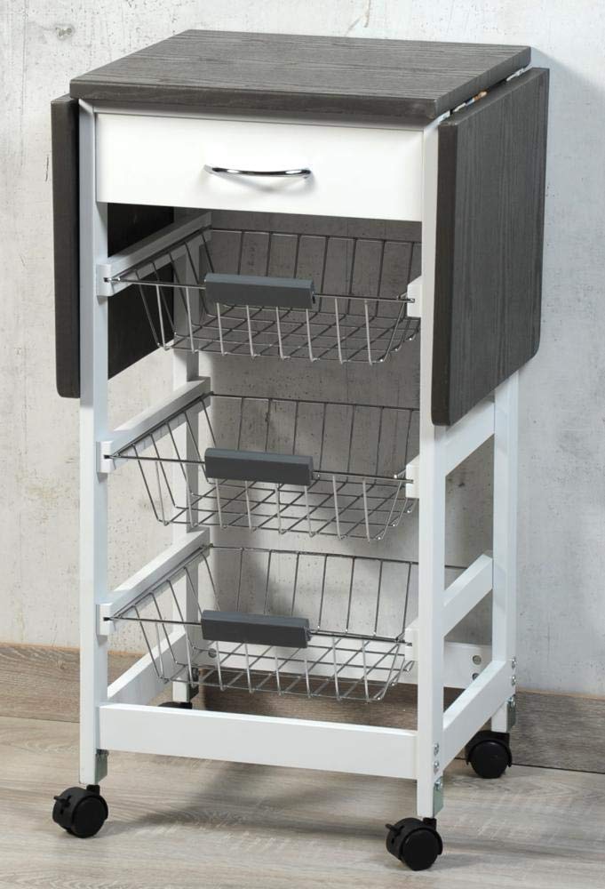 Kesper Carrello da cucina mobile con piano di lavoro pieghevole, 3 ripiani, cassetto, cestini a griglia, aperto circa 100 cm, legno FSC bianco/grigio