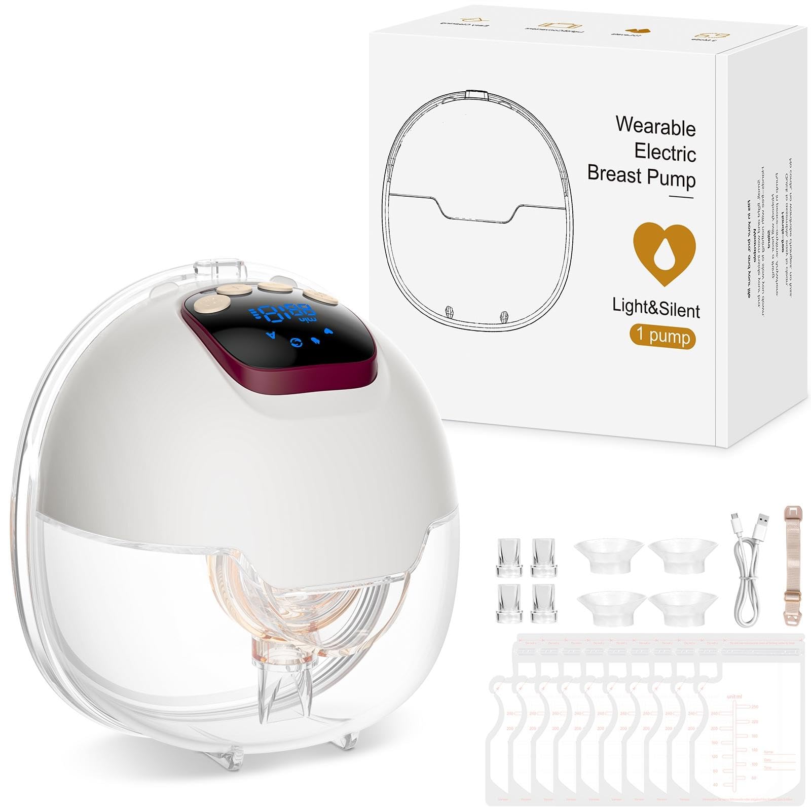 Tiralatte Elettrico Indossabile 4 Modalità e 15 Livelli Tiralatte Portatile con Display a LED, Senza BPA, Elettrico a Mani Libere con Flange da 18/20/22/24 mm (1 Pezzo)