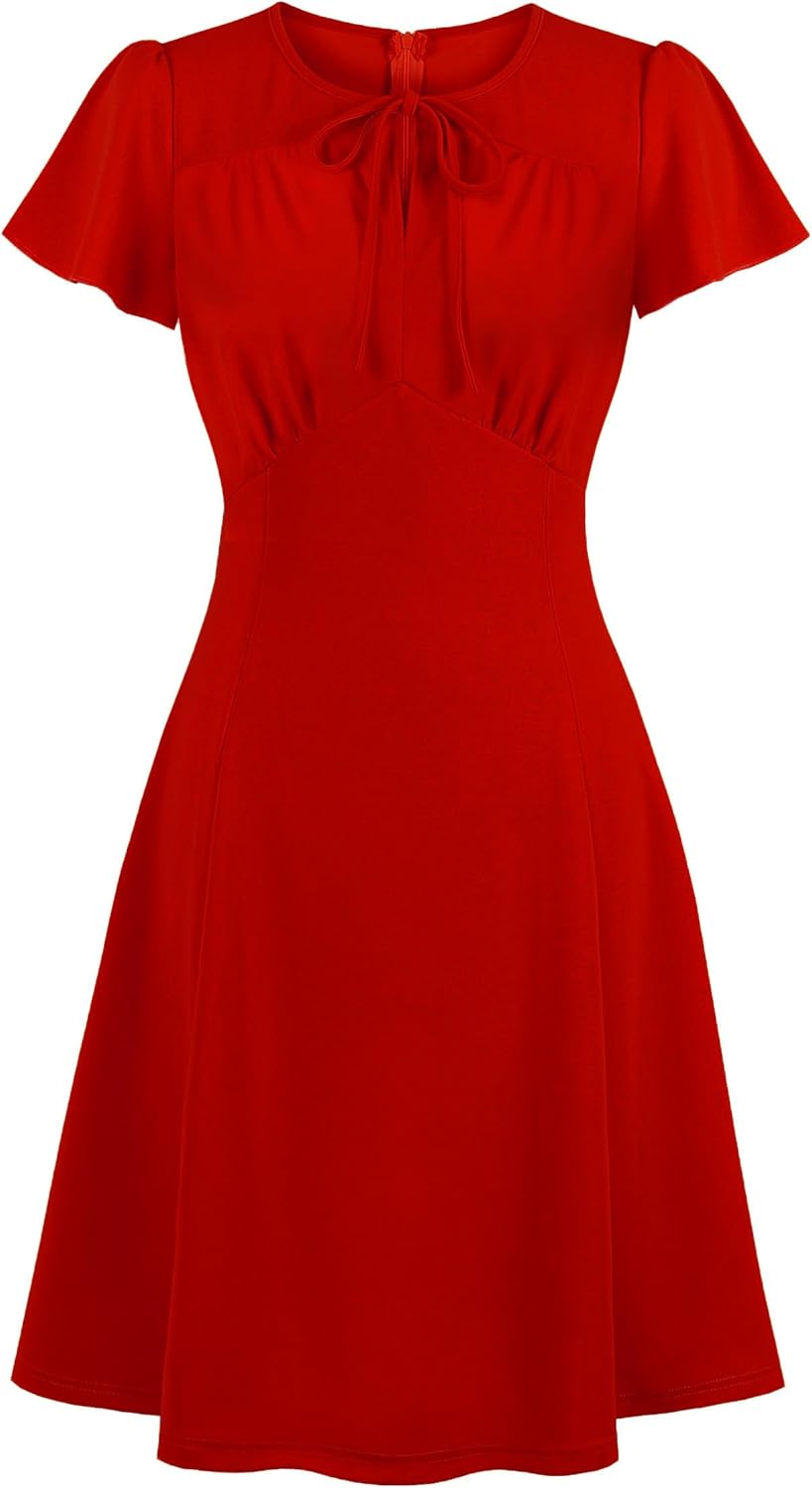 Wellwits Women's Ruched Bow Tie A Line Vintage Formal Work Dress