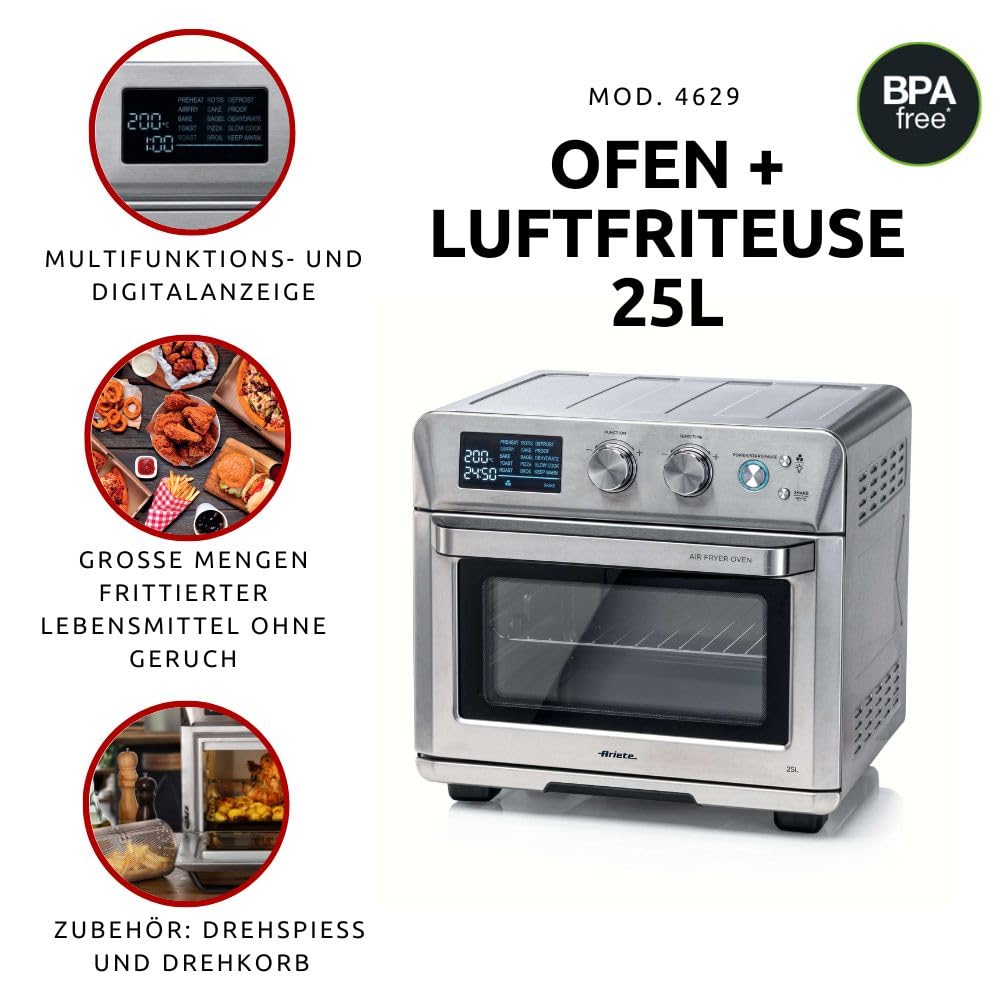 Ariete 4629 Forno + Friggitrice ad Aria 25L, 1700 W, Capacità 25L, 15 funzioni di cottura, Multifunzione, Temperatura fino a 230°, Silver