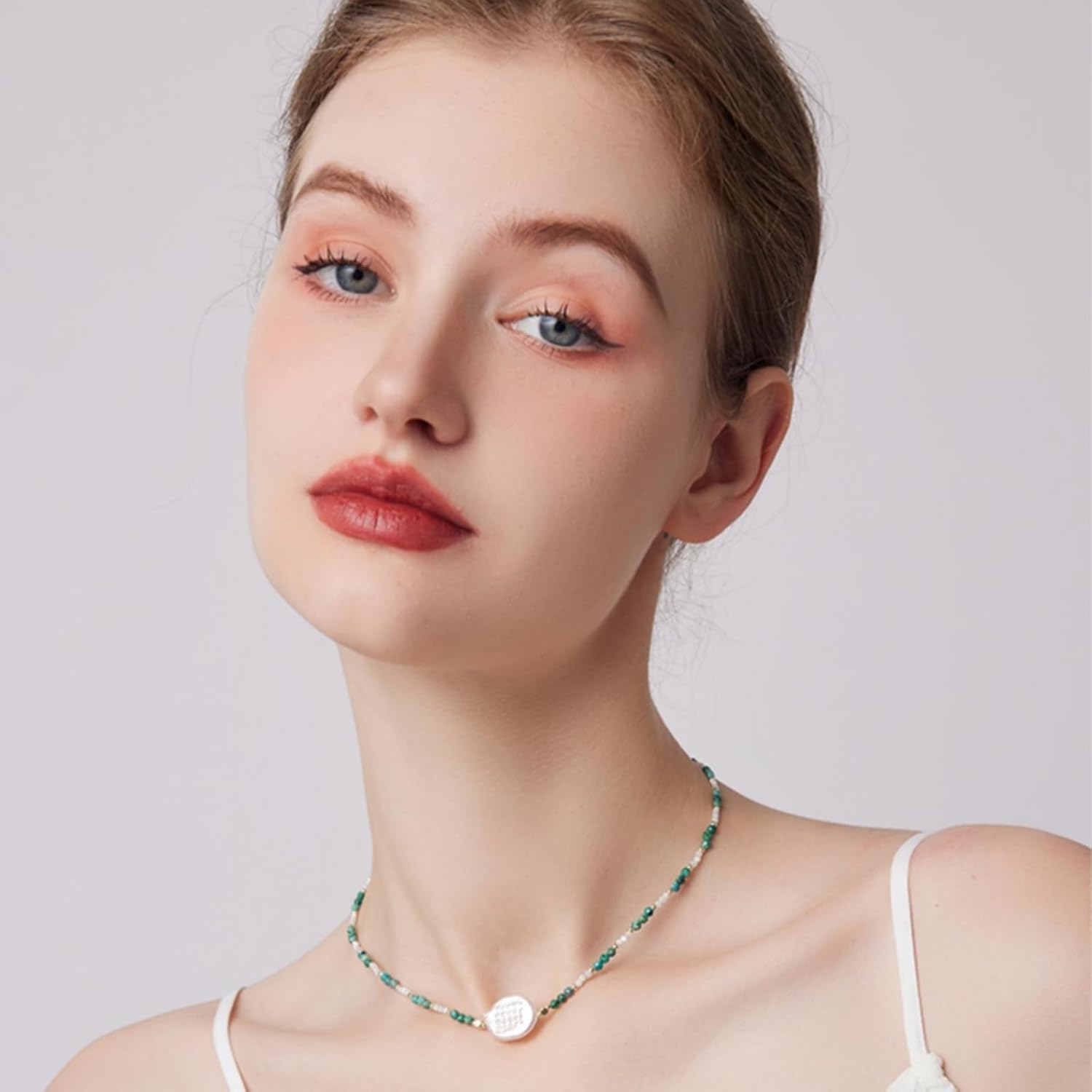 Natural Baroque Pearl Necklace for Women, Green Beads & White Pearl Choker Necklace Jewelry Chain Handmade Jewelry Gift for Mom Lover Her (14K Gold Plated) - Image 7