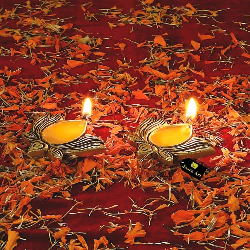 Image of Brass (4 inches and 500g) 4 Side Akhand Small Diya Ethnic Design Handmade Curved Oil Wick Antique Kuber Deepak Lamp for Home Decor Temple Puja Office Decoration Festival Gift (2, Kamal Diya)