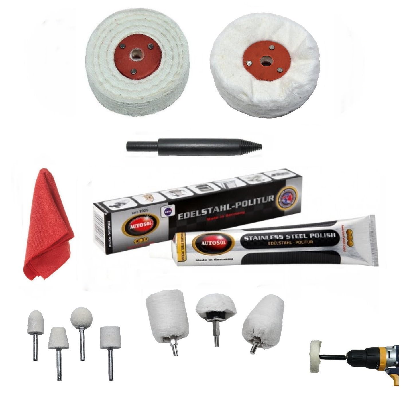 Platinum,Silver,White Autosol Stainless Steel Polish Polishing Kit 3" Polishing Wheels Drill Use 12Pce