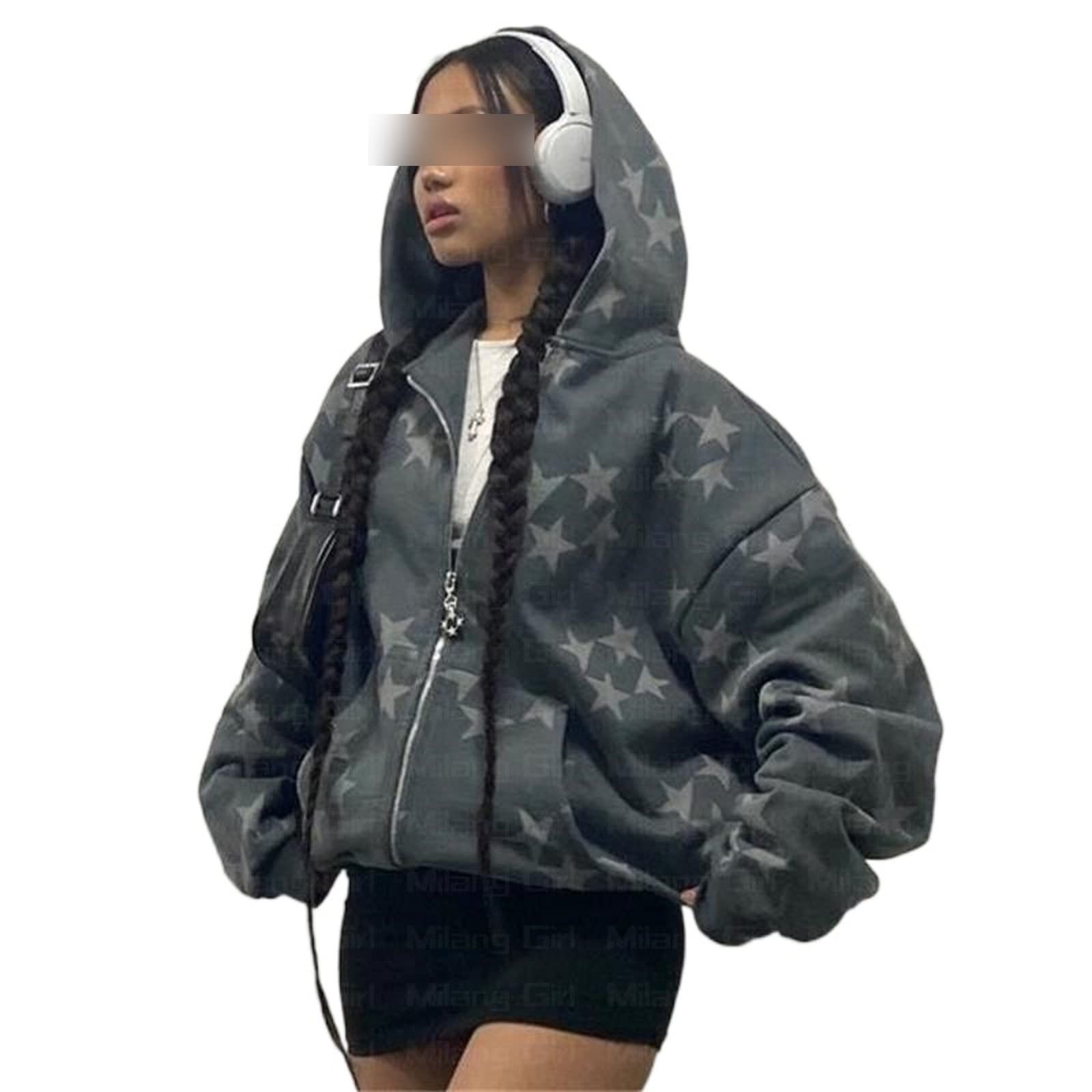 KMBANGIZip Up Crop Hoodies for Women Vintage Graphic Hooded Pullover Y2k Oversized Drawstring Sweatshirt Jacket with Pockets