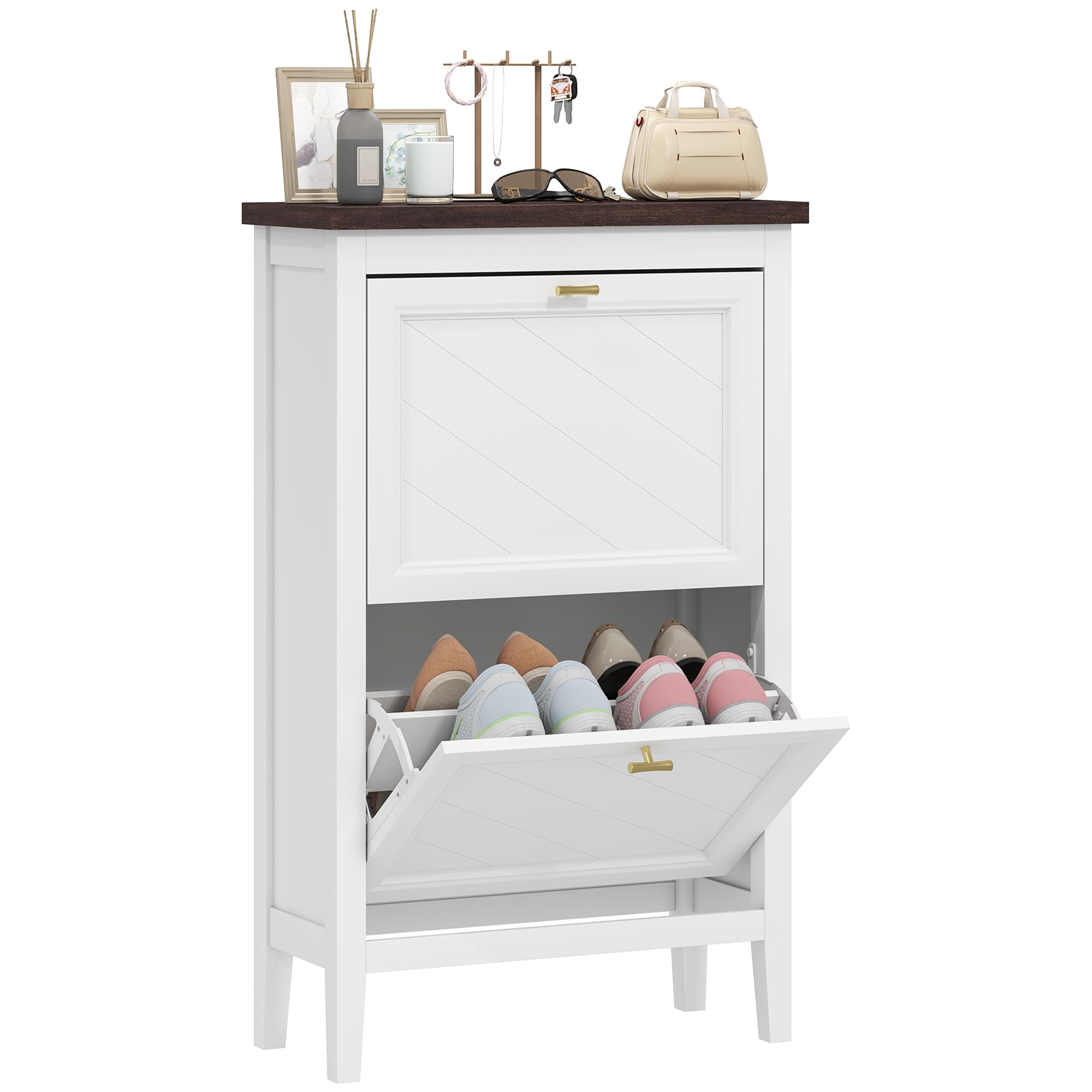 HOMCOM Shoe Cabinet with Doors 2 Flip Drawers Adjustable Shelves White