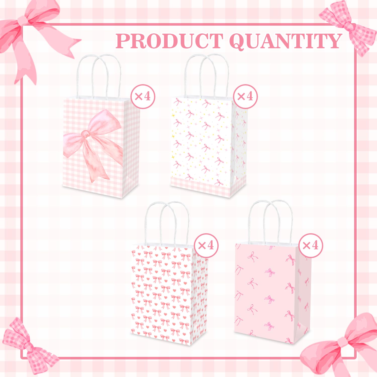 MUZRUYOU Pink Bow Goodie Bags 16 Pcs - Pink Gift Favor Bags with Handles for Birthday Party, Baby Shower, Bridal Shower, Bachelorette Supplies Coquette Theme