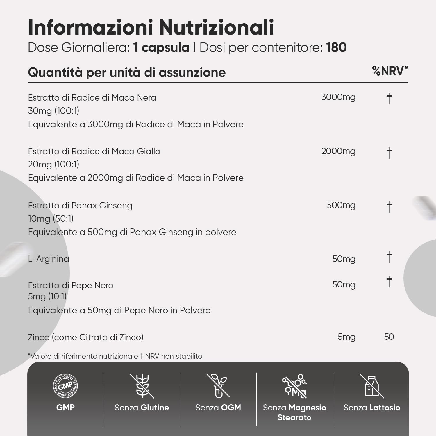 Maca Peruviana, 180 Capsule Vegane, 1 al Giorno (6 Mesi), Estratto 100:1, Maca Nera Complex con L Arginina, Zinco come Zinco Citrato, Panax Ginseng, Pepe Nero, Senza Magnesio Stearato, Senza Glutine