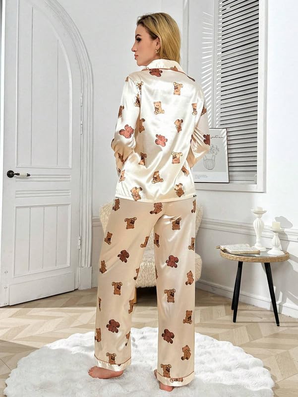 Image of Night Suit for Women with Full Sleeve Button-Down Top with Pant Dress for Woman, Night Dress for Woman, Cotton Two-Piece Loungewear Set
