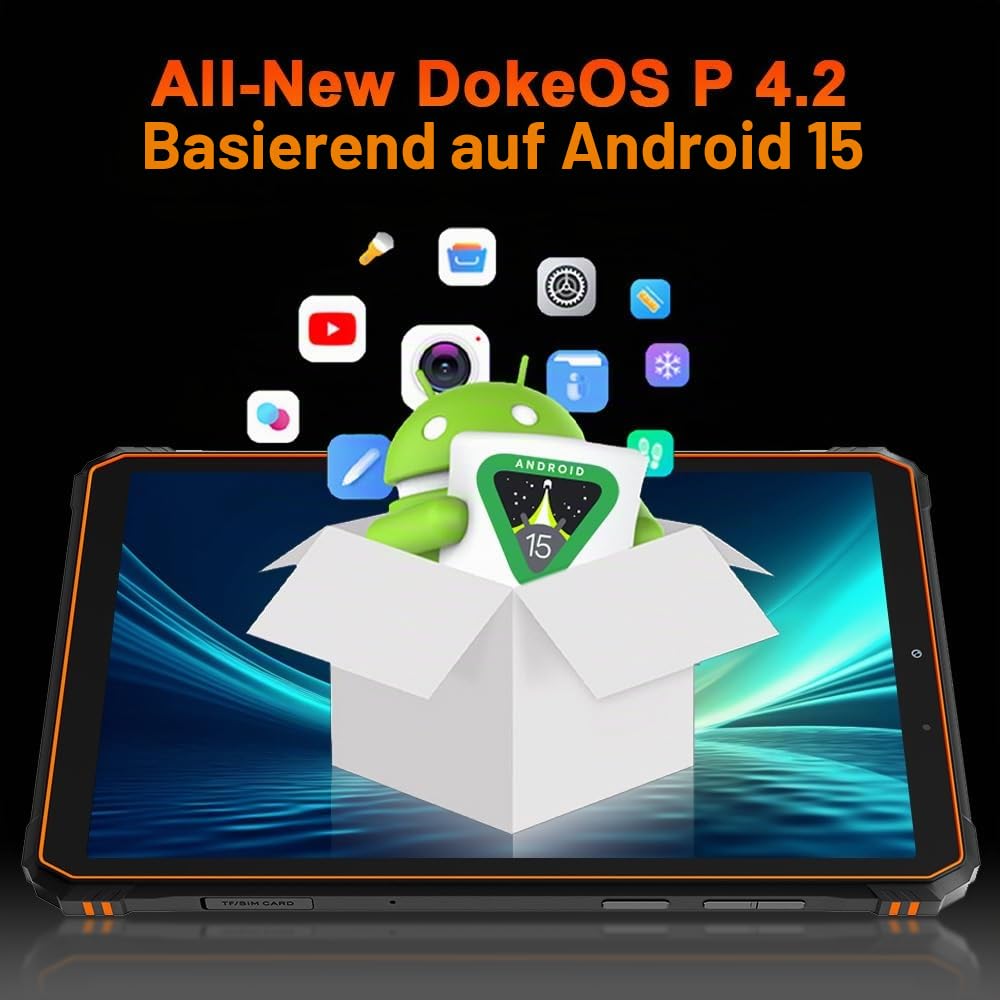 Blackview Active 5 Outdoor Tablet 8 Zoll, 24GB+128GB/2TB Tablet Android 15, 6600mAh Outdoor Handy, 16MP+13MP, 2 * 2W Lautsprecher, IP68/IP69K Wasserdicht,4G LTE,5G WiFi,OTG,NFC,GPS,Fingerprint,Orange