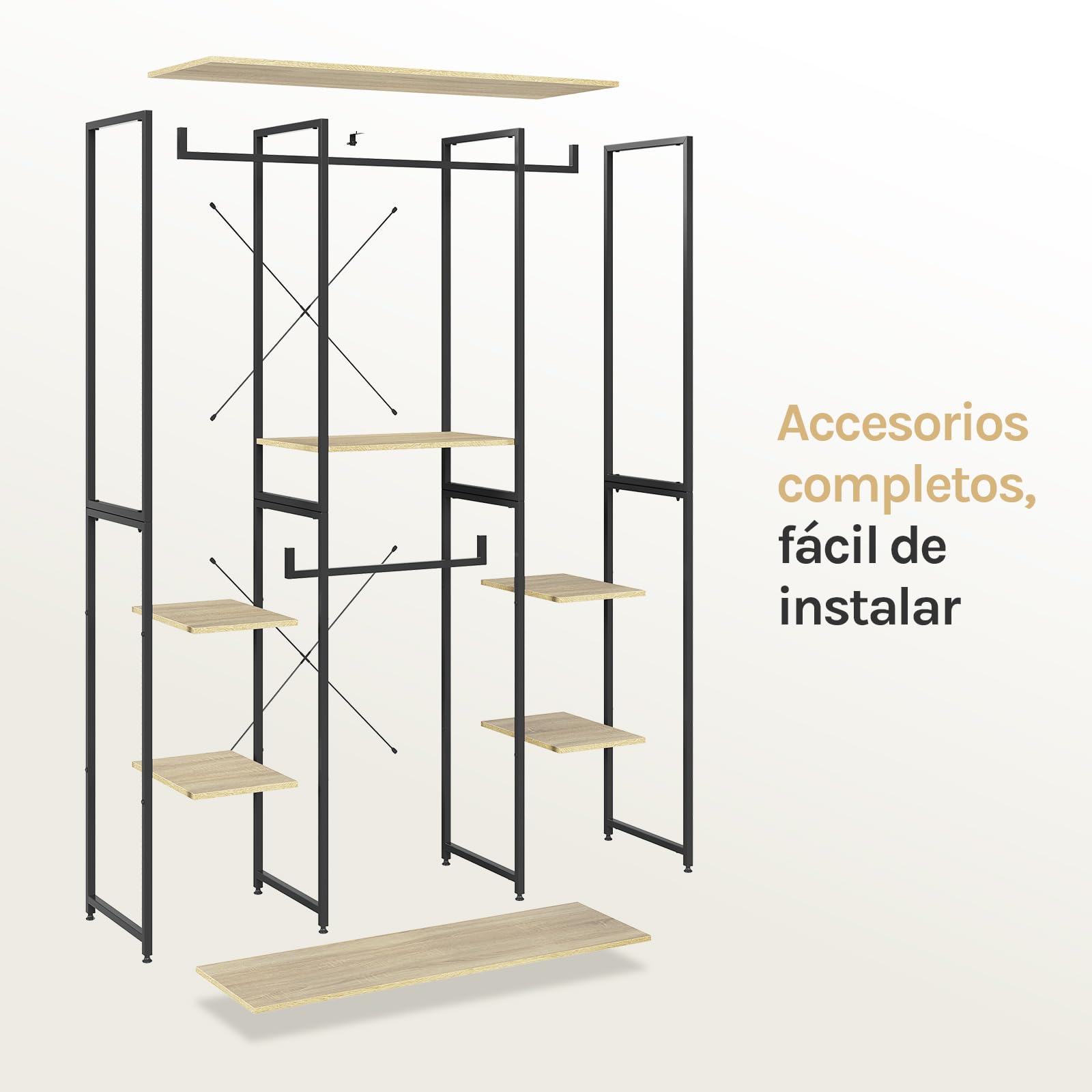 WOLTU Perchero Armario Burro Ropa Perchero Zapatero con 6 Estante Multiusos Fuerte Metal y Madera de Estilo Industrial Roble Claro+Negro
