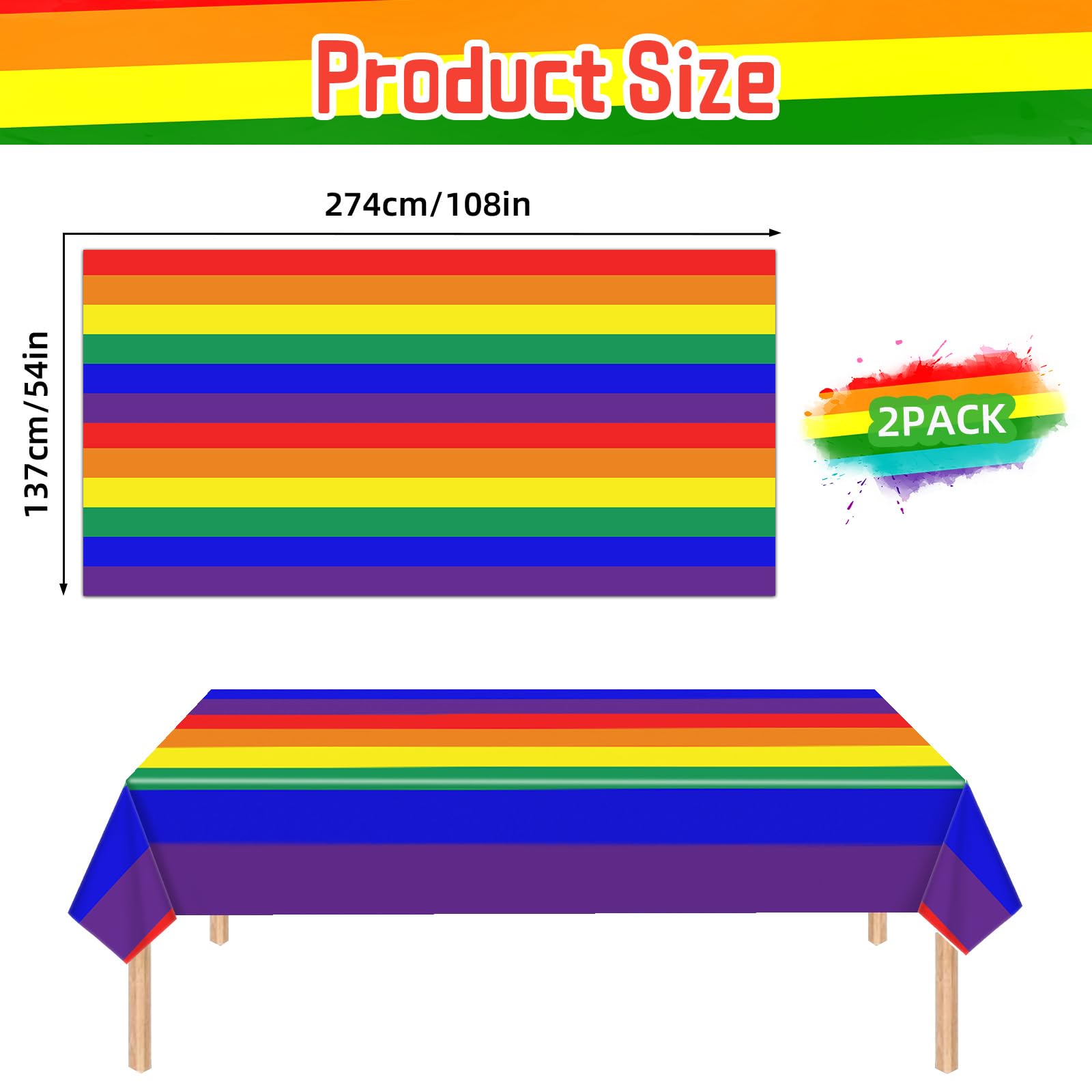 Jremreo Rainbow Pride Tablecloth, 2 Pack, 137 x 274 cm Rectangle Disposable Plastic Table Cloth - Image 2