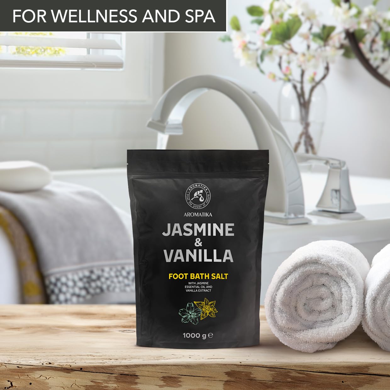 Sal de Baño para Pies Jazmín Vainilla 1000g Sal Marina Natural con Aceite Esencial de Jazmín y Extracto de Vainilla Cuidado de Pies