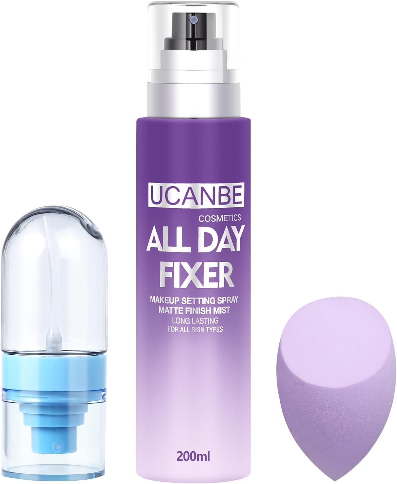 UCANBEMAKEUP Long Lasting Makeup Setting Spray Kit- 6.76 Fl oz Hydrating Matte Finish Mist Lightweight Face Make up Fixer +Travel Size Spray Bottle+Sponge Puff Makeup Set
